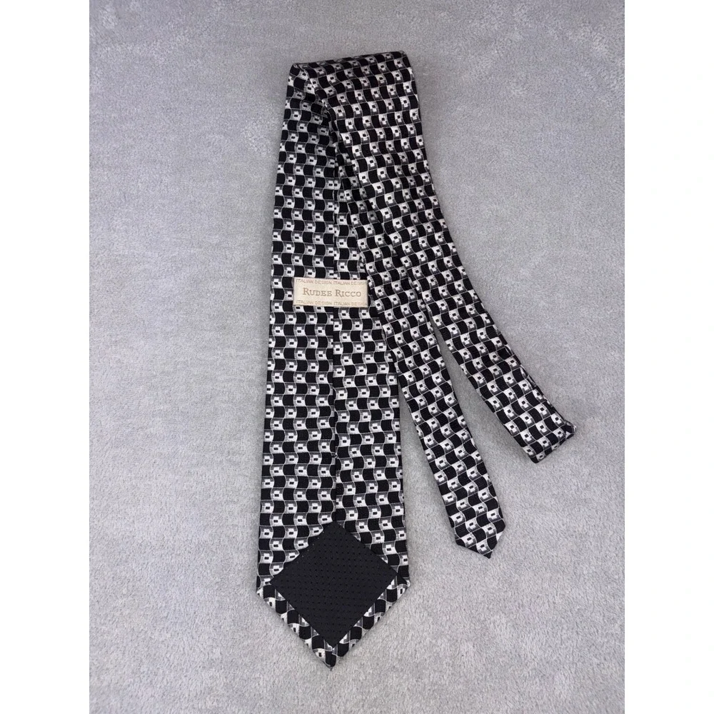 Rudee Ricco‎ Mens Necktie Silk Black White Geometric Italian Design